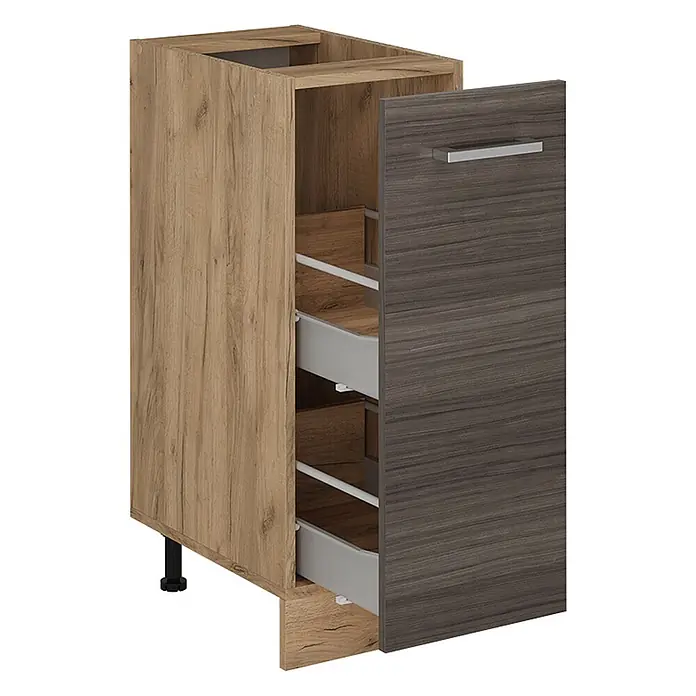 Vicco Schrankküche R-Line Edelgrau, AP Anthrazit - Edelgrau, Apothekerunterschrank 30 cm, AP Anthrazit - Holzmaserung Küchenunterschrank mit dunkelgrauem Auszug und Innenkörben.