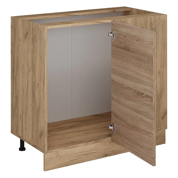 Vicco Schrankküche R-Line Sonoma, AP Anthrazit - Sonoma, Eckunterschrank 86 cm, AP Anthrazit - Unterschrank in heller Holzoptik mit offener Tür und hellgrauem Innenraum, mit verstellbaren Füßen.
