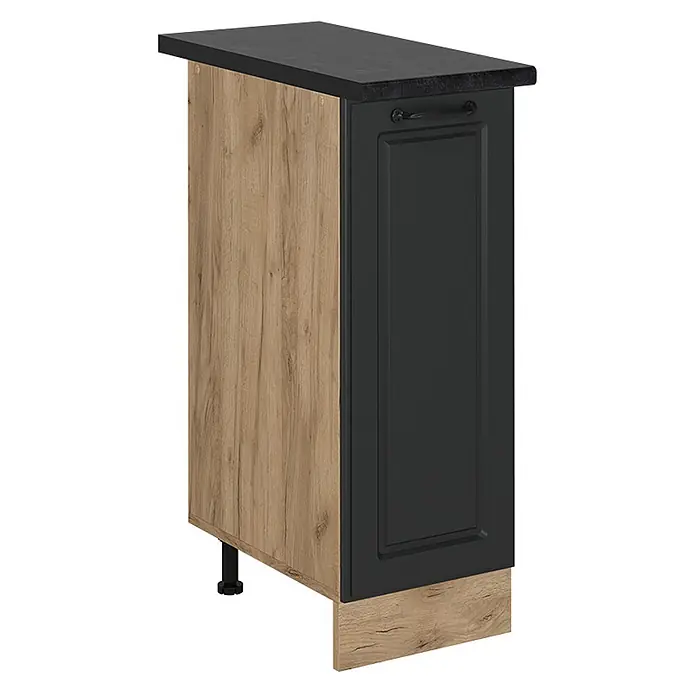Vicco Schrankküche R-Line Anthrazit Landhaus, AP Anthrazit - Anthrazit Landhaus, Apothekerunterschrank 30 cm, AP Anthrazit - Schwarzer Küchenunterschrank mit rustikaler Holzmaserung an Seitenwand und Sockelblende. Mit Shaker-Tür und schwarzer Arbeitsplatte.