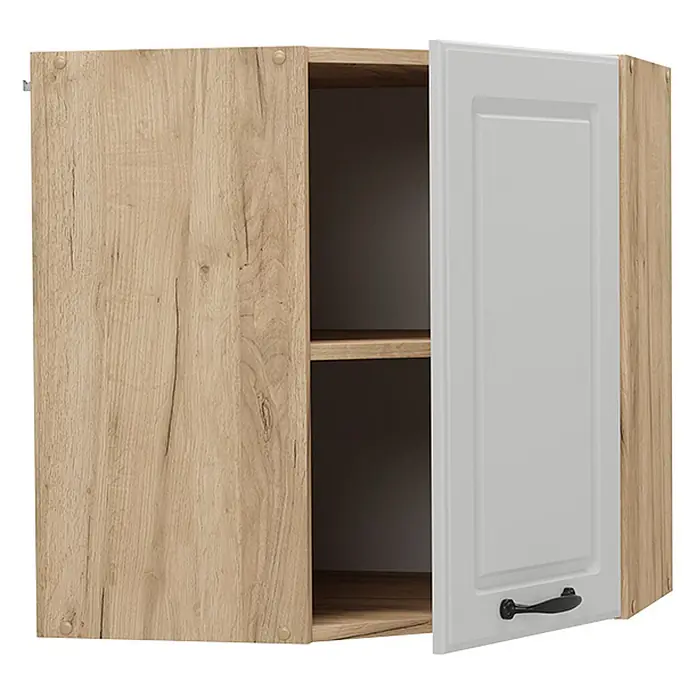 Vicco Schrankküche R-Line Weiß Landhaus - Weiß Landhaus, Eckhängeschrank 57 cm - Wandschrank mit heller Holzmaserung und weißer Tür. Weiße Tür leicht geöffnet, zeigt Innenregale.
