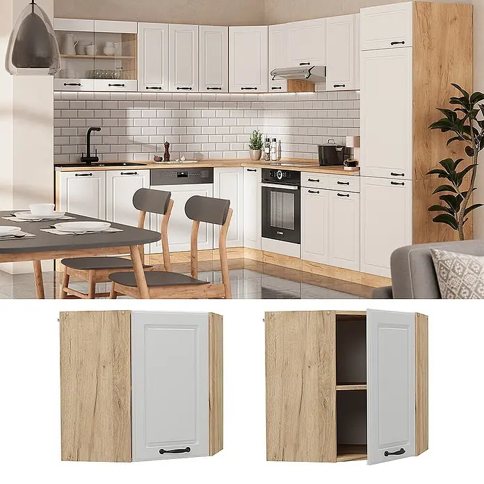 Vicco Schrankküche R-Line Weiß Landhaus - Weiß Landhaus, Eckhängeschrank 57 cm - Moderne Einbauküche mit weißen Kassettenfronten, Holzdekor und schwarzen Griffen, inklusive Elektrogeräten.
