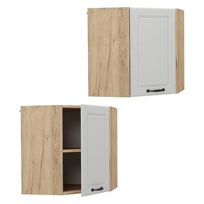Vicco Schrankküche R-Line Weiß Landhaus - Weiß Landhaus, Eckhängeschrank 57 cm - Helle Holzoptik-Küchen-Eckhängeschränke mit weißen Paneeltüren und schwarzen Griffen; einer geschlossen, einer offen mit Regalen.