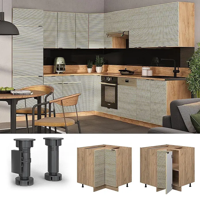 Vicco Schrankküche Fame-Line Eiche Paneel ohne Arbeitsplatte - Eiche Paneel, Eckunterschrank - Moderne L-Küche mit horizontal gestreiften hellen Schränken und Holzoptik-Akzenten. Mit integrierten Geräten.