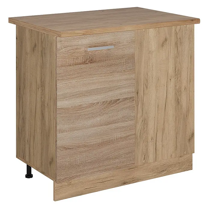 Vicco Schrankküche R-Line Sonoma, AP Eiche - Sonoma, Eckunterschrank 86 cm, AP Eiche - Heller Holz-Unterschrank mit einer Schublade, einer Tür und einem silbernen Griff.