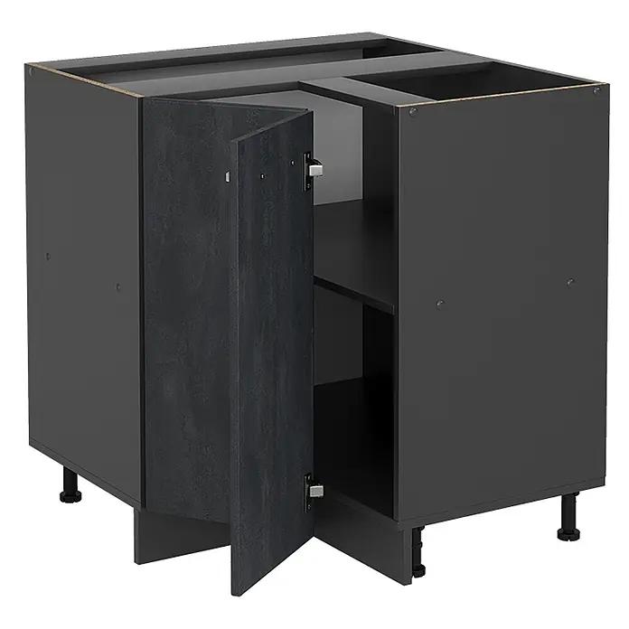 Vicco Eckunterschrank R-Line, Schwarz Beton, 75.6 cm -  - Dunkelgrauer zweitüriger Küchenunterschrank mit verstellbaren Füßen, eine Tür leicht geöffnet zeigt ein Innenregal.