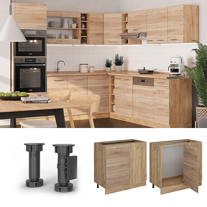 Vicco Schrankküche R-Line Sonoma, AP Eiche - Sonoma, Eckunterschrank 86 cm, AP Eiche - Moderne Küchenschränke aus hellem Holz in einer Küche. Verstellbare Füße und ein Unterschrank sind ebenfalls abgebildet.
