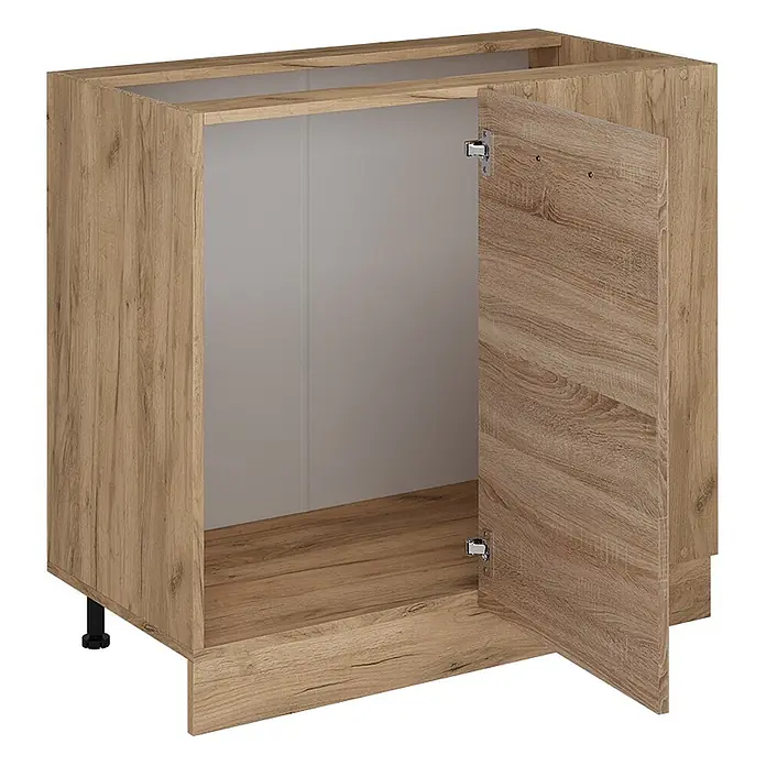 Vicco Schrankküche R-Line Sonoma, AP Eiche - Sonoma, Eckunterschrank 86 cm, AP Eiche - Küchenunterschrank in Holzoptik mit einer offenen Tür, verstellbaren Füßen und hellgrauer Innenseite.