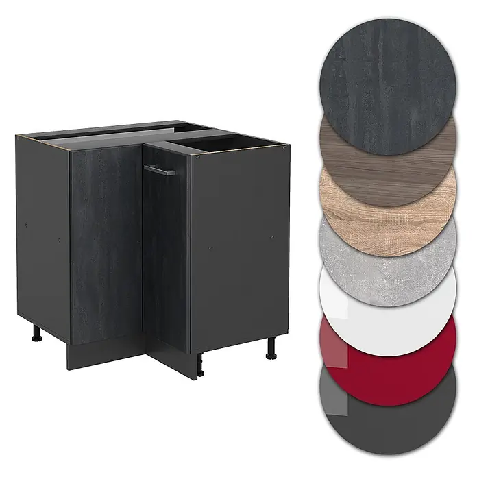 Vicco Eckunterschrank R-Line, Schwarz Beton, 75.6 cm -  - Dunkelgrauer Küchen-Eckunterschrank mit strukturierter dunkler Tür und Materialmusteroptionen.