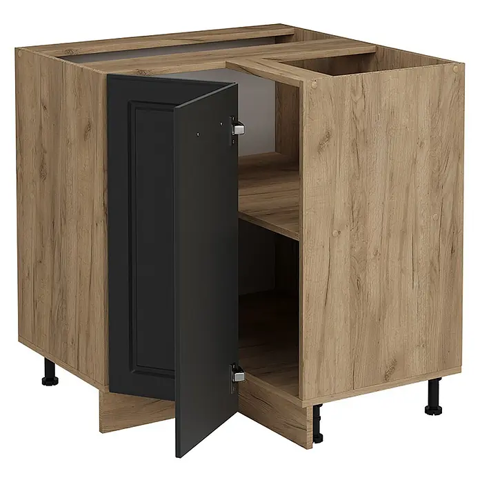 Vicco Schrankküche R-Line Anthrazit Landhaus, AP Anthrazit - Anthrazit Landhaus, Eckunterschrank, AP Anthrazit - Kücheneckunterschrank in Holzoptik mit offener dunkelgrauer Tür und Innenablagen.