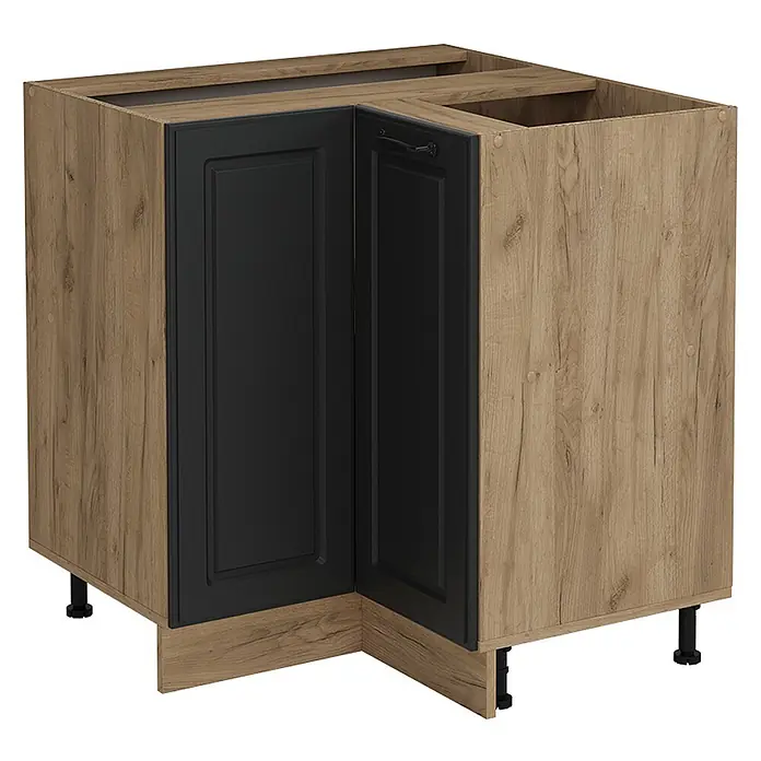 Vicco Schrankküche R-Line Anthrazit Landhaus ohne Arbeitsplatte - Anthrazit Landhaus, Eckunterschrank - Eckunterschrank Küche, helle Holzoptik, schwarze Paneeltüren.