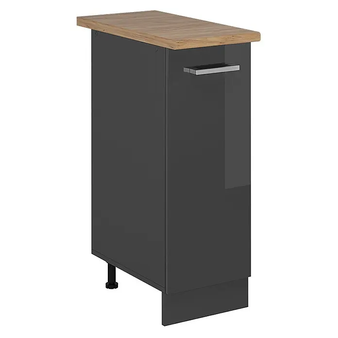 Vicco Schrankküche R-Line Anthrazit Hochglanz, AP Eiche - Anthrazit Hochglanz, Apothekerunterschrank 30 cm, AP Eiche - Dunkelgrauer Küchenunterschrank mit Arbeitsplatte in heller Holzoptik und silbernem Griff, mit verstellbaren Füßen und Sockelleiste.