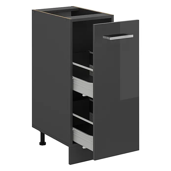 Vicco Schrankküche R-Line Anthrazit Hochglanz ohne Arbeitsplatte - Anthrazit Hochglanz, Apothekerunterschrank 30 cm - Hoher, dunkelgrauer Küchenunterschrank mit glänzender Frontplatte und zwei internen Auszügen, mit silbernem Griff.