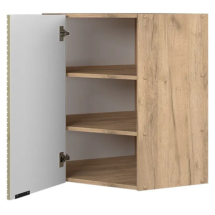 Vicco Schrankküche Fame-Line Eiche Paneel - Eiche Paneel, Eckhängeschrank 57 cm - Schrank in Holzoptik mit drei Einlegeböden und offener weißer Tür.