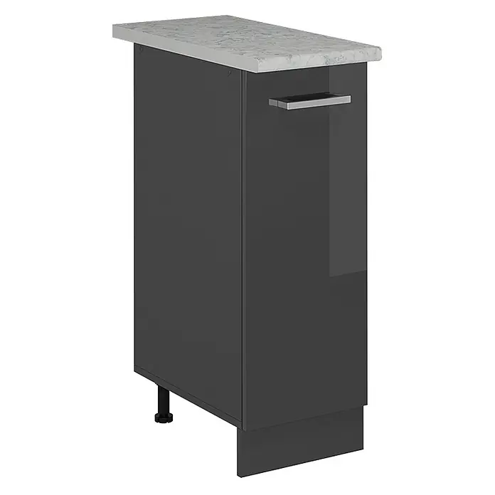 Vicco Schrankküche R-Line Anthrazit Hochglanz AP Marmor - Anthrazit Hochglanz, Apothekerunterschrank 30 cm - Dunkelgrauer Küchenunterschrank mit hellgrauer Sprenkel-Arbeitsplatte und silbernem Griff. Mit verstellbaren Füßen.