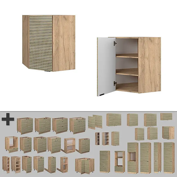 Vicco Schrankküche Fame-Line Eiche Paneel - Eiche Paneel, Eckhängeschrank 57 cm - Modulare Küchenschränke in heller Holzoptik mit Lamellenfronten. Verschiedene Unter-, Ober- und Eckschränke mit Türen und Regalen.