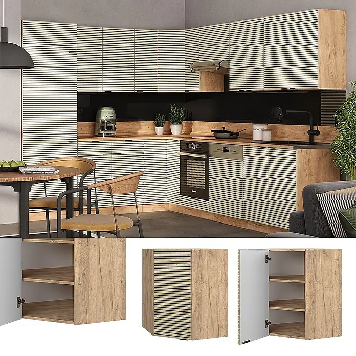 Vicco Schrankküche Fame-Line Eiche Paneel - Eiche Paneel, Eckhängeschrank 57 cm - Moderne Küchenschränke mit horizontal gestreiften Fronten und Holzoptikrahmen, inkl. Eck- und verschiedenen Einheiten.