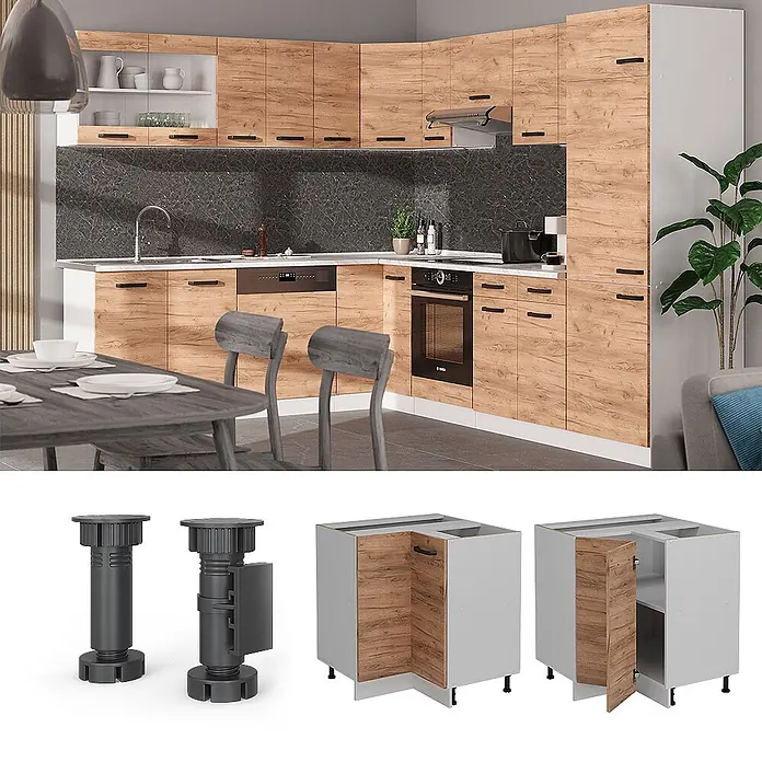 Vicco Schrankküche R-Line Goldkraft Eiche ohne Arbeitsplatte - Goldkraft Eiche, Eckunterschrank - Modulare Küche mit hellen Holzmaserungsschränken und grauen Elementen, verstellbaren Sockelfüßen und Eckunterschränken.