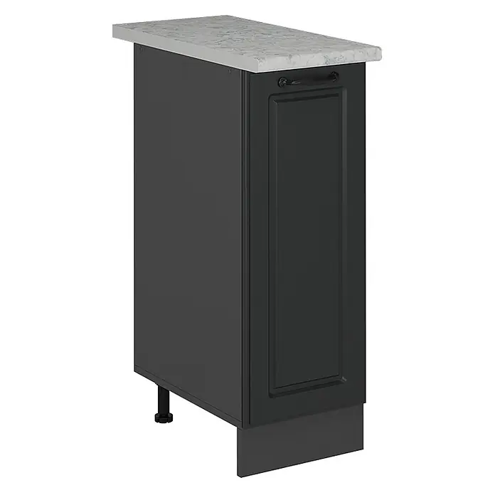 Vicco Schrankküche R-Line Anthrazit Landhaus AP Marmor - Anthrazit Landhaus, Apothekerunterschrank 30 cm, AP Marmor - Anthrazitfarbener Küchenunterschrank mit heller Arbeitsplatte und schwarzem Griff.