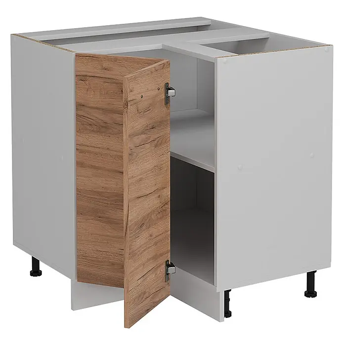 Vicco Schrankküche R-Line Goldkraft Eiche ohne Arbeitsplatte - Goldkraft Eiche, Eckunterschrank - Heller grauer Küchenunterschrank mit offener brauner Holztür und verstellbaren schwarzen Füßen.