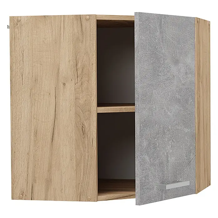 Vicco Schrankküche R-Line Beton - Beton, Eckhängeschrank 57 cm - Zweitüriger Wandschrank mit hellen Holzmaserungs- und Betonoptik-Grautüren, der Innenregale zeigt.
