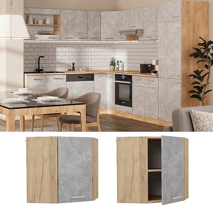 Vicco Schrankküche R-Line Beton - Beton, Eckhängeschrank 57 cm - Moderne Küche mit Betonoptik- und Holzdekor-Schränken, integrierten Geräten und Essbereich.