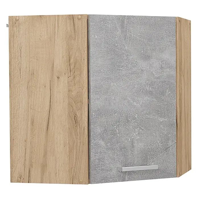 Vicco Schrankküche R-Line Beton - Beton, Eckhängeschrank 57 cm - Eckhängeschrank mit Holzmuster- und grauer Betonoptik-Türen, mit silbernem Griff.