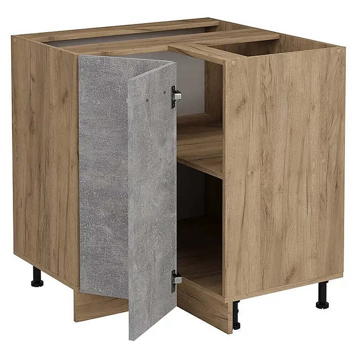 Vicco Schrankküche R-Line Beton, AP Anthrazit - Beton, Eckunterschrank, AP Anthrazit - Eckunterschrank in Holzoptik mit offener grauer Betontür und Innenregal. Mit verstellbaren Füßen.