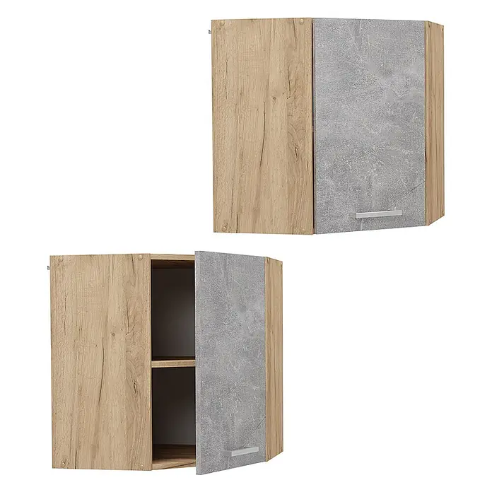 Vicco Schrankküche R-Line Beton - Beton, Eckhängeschrank 57 cm - Zwei Eck-Oberschränke mit hellem Holzdekor und grauen Betonoptik-Türen, einer offen.