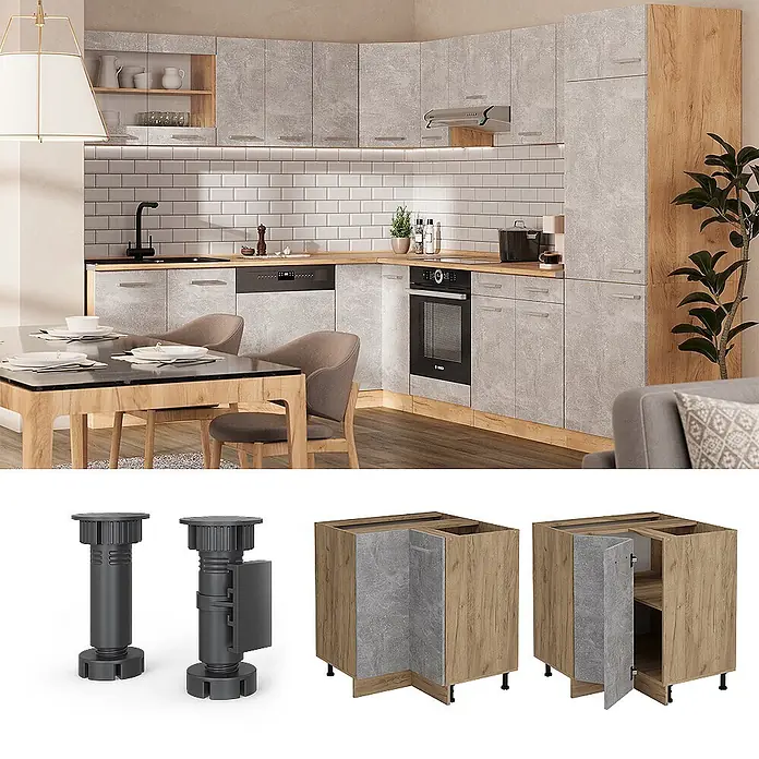 Vicco Schrankküche R-Line Beton, AP Anthrazit - Beton, Eckunterschrank, AP Anthrazit - Moderne Küche mit hellgrauen Betonoptik-Türen und Holzdekor. Detailansichten zeigen Eckunterschrank und verstellbare Möbelfüße.