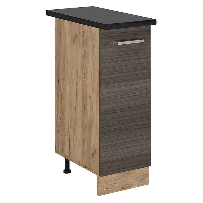 Vicco Schrankküche R-Line Edelgrau, AP Anthrazit - Edelgrau, Apothekerunterschrank 30 cm, AP Anthrazit - Kleiner Küchenschrank mit schwarzer Platte, heller Holzseite und dunkler Holzschublade mit silbernem Griff. Mit verstellbaren Füßen und Sockelblende.
