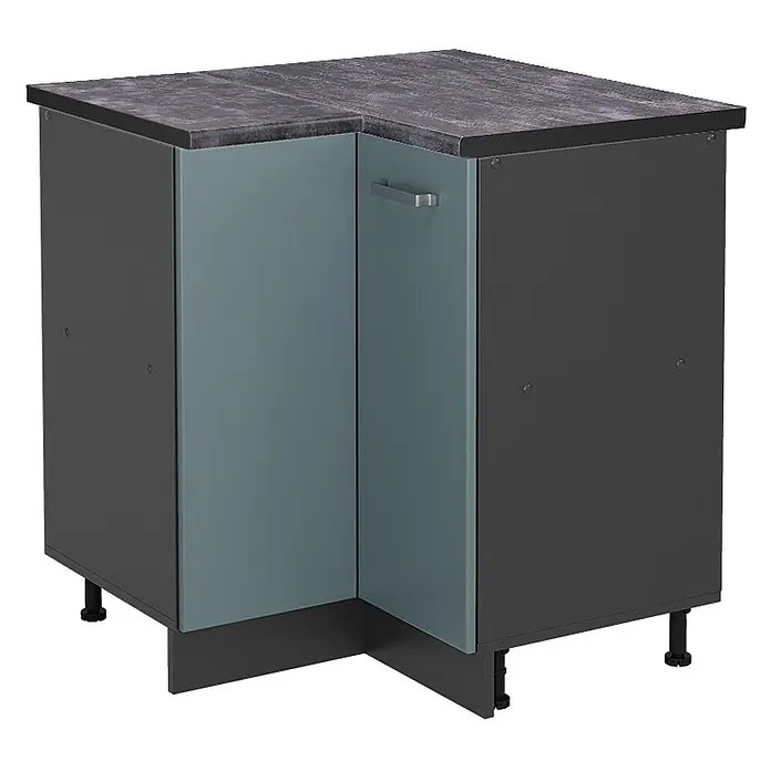 Vicco Schrankküche R-Line Blau-Grau, AP Anthrazit - Blau-Grau, Eckunterschrank, AP Anthrazit - Dunkelgrauer Eckunterschrank mit blaugrauen Türen und dunkler Arbeitsplatte.