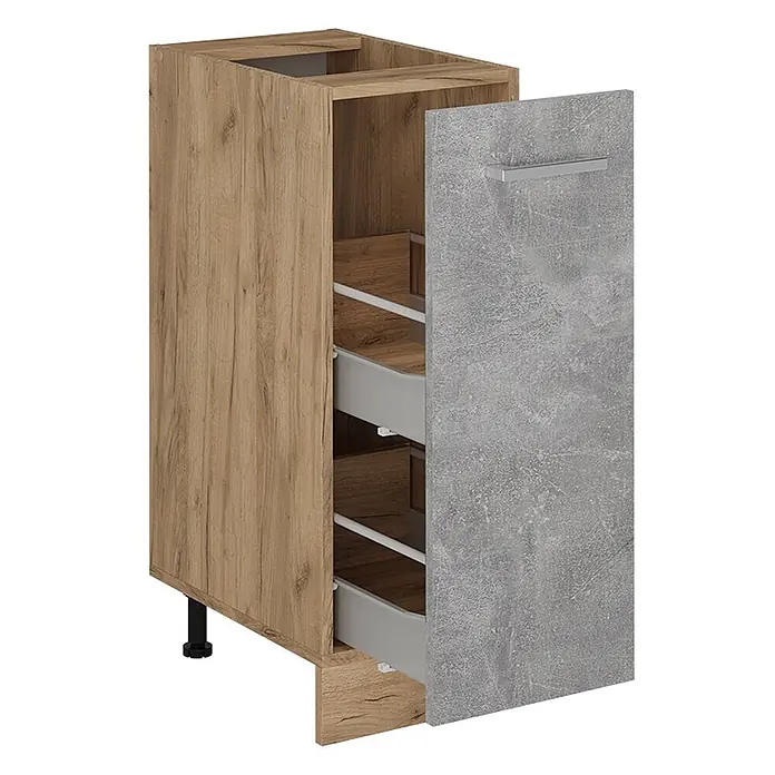 Vicco Schrankküche R-Line Beton AP Marmor - Beton, Apothekerunterschrank 30 cm, AP Marmor - Küchenunterschrank in Eiche-Optik mit grauer Beton-Look Tür, Auszügen und verstellbaren Füßen.