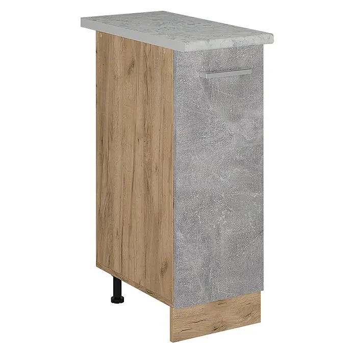 Vicco Schrankküche R-Line Beton AP Marmor - Beton, Apothekerunterschrank 30 cm, AP Marmor - Küchenunterschrank mit hellgrauer Arbeitsplatte, Holz-Seitenwand/Sockelleiste und Beton-Front mit Silbergriff.