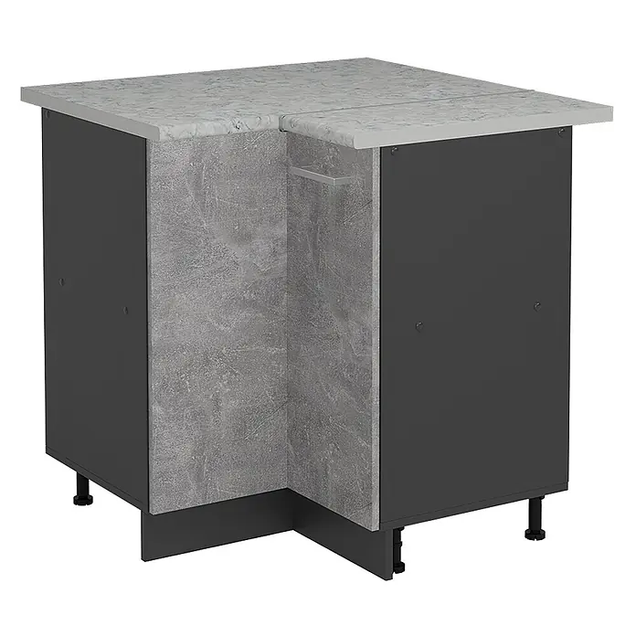 Vicco Schrankküche R-Line Beton AP Marmor - Beton, Eckunterschrank, AP Marmor - Eckunterschrank mit grauer Marmor-Arbeitsplatte, Betonoptik-Front und dunkelgrauen Seitenpaneelen, auf verstellbaren Füßen.