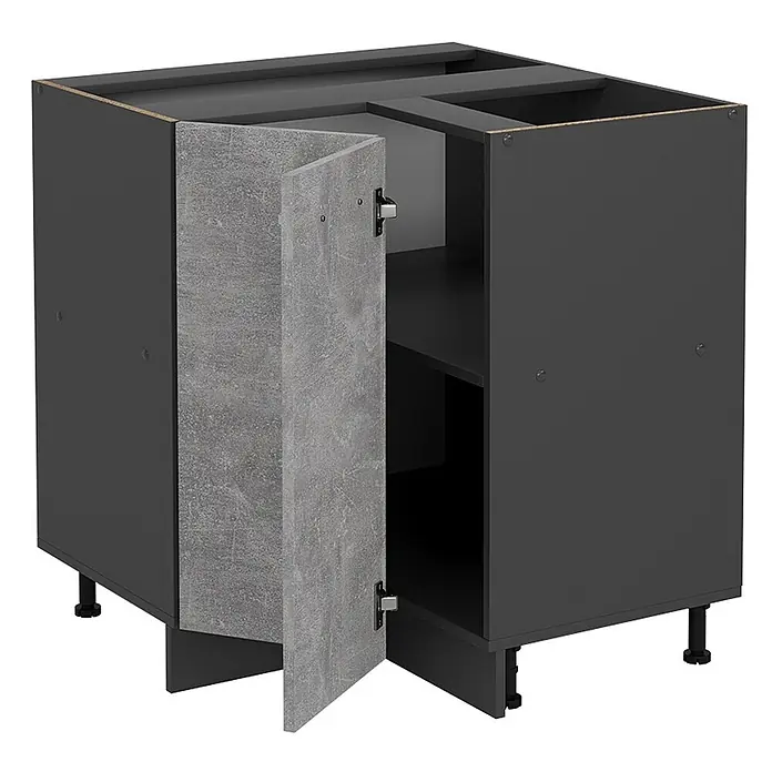 Vicco Schrankküche R-Line Beton AP Marmor - Beton, Eckunterschrank, AP Marmor - Dunkelgrauer Küchenunterschrank mit offener Tür in Betonoptik, die ein Innenregal zeigt. Mit verstellbaren Füßen.