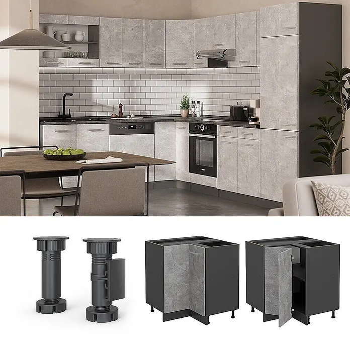 Vicco Schrankküche R-Line Beton AP Marmor - Beton, Eckunterschrank, AP Marmor - Graue Küche mit Stein-Optik Schränken, dunklen Beinen & Eckelementen in modernem Küchendesign.