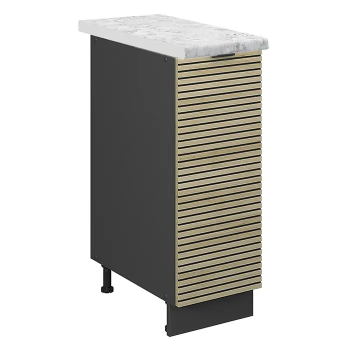 Vicco Schrankküche Fame-Line Eiche Paneel, AP Marmor - Eiche Paneel, Apothekerunterschrank 30 cm, AP Marmor - Kompakte Aufbewahrungseinheit: weiße Marmorplatte, dunkelgraue Seiten, helle Holzlamellenfront.