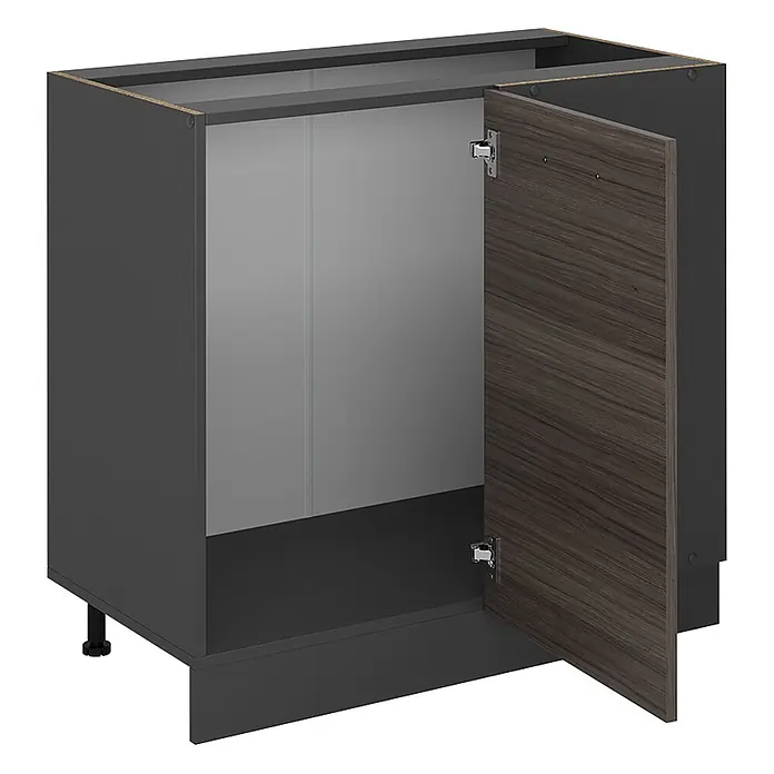 Vicco Schrankküche R-Line Edelgrau ohne Arbeitsplatte - Edelgrau, Eckunterschrank 86 cm - Dunkelgrauer Küchenunterschrank mit leicht geöffneter Tür in dunkler Holzoptik, der hellgrauen Innenbereich und verstellbare Füße zeigt.
