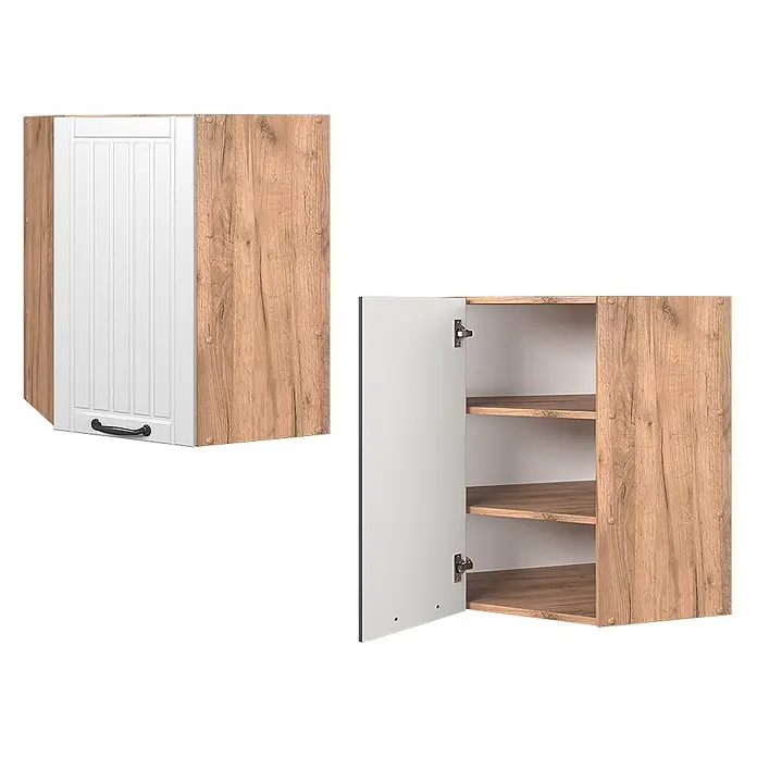 Vicco Eckhängeschrank Fame-Line, Weiß Landhaus, 57 cm -  - Weißer und heller Eck-Wandschrank in Holzoptik, geschlossen und offen mit drei Einlegeböden gezeigt.