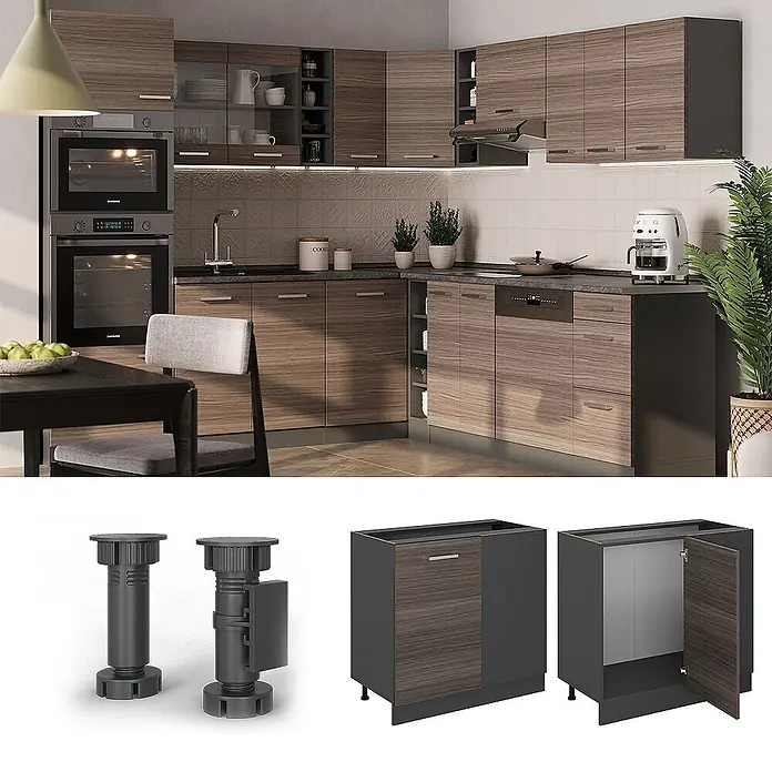 Vicco Schrankküche R-Line Edelgrau ohne Arbeitsplatte - Edelgrau, Eckunterschrank 86 cm - Modulare Küchenschränke in Holzmaserung und Dunkelgrau, mit verstellbaren Stützfüßen für anpassbare Höhe.
