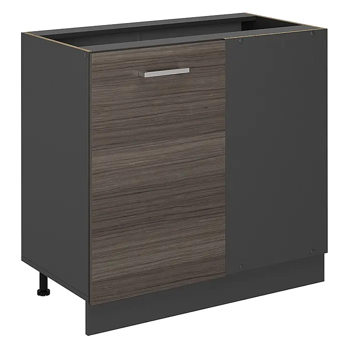 Vicco Schrankküche R-Line Edelgrau ohne Arbeitsplatte - Edelgrau, Eckunterschrank 86 cm - Dunkelgrauer Küchenunterschrank mit holzgemaserter Schublade und silbernem Griff, verstellbaren Füßen und Sockel.