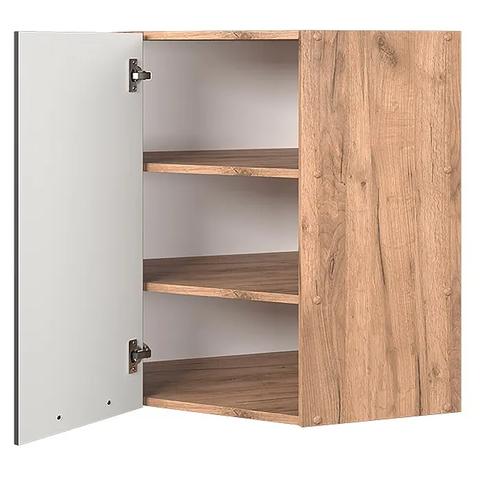 Vicco Eckhängeschrank Fame-Line, Weiß Landhaus, 57 cm -  - Offener Wandschrank mit hellgrauer Tür und Holzoptik-Böden, zeigt vier Ablagefächer.
