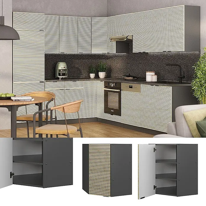 Vicco Schrankküche Fame-Line Eiche Paneel - Eiche Paneel, Eckhängeschrank 57 cm - Moderne Küchenschränke mit hellen Lamellentüren und dunkelgrauen Rahmen, in L-Form mit integrierten Geräten.