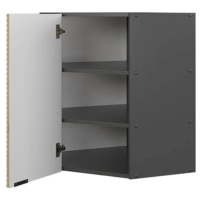 Vicco Schrankküche Fame-Line Eiche Paneel - Eiche Paneel, Eckhängeschrank 57 cm - Dunkelgrauer Wandschrank mit offener hellgrauer Tür und drei Innenregalen.