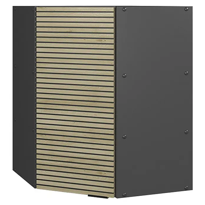 Vicco Schrankküche Fame-Line Eiche Paneel - Eiche Paneel, Eckhängeschrank 57 cm - Dunkelgraue Eckpaneel mit genietetem Metall und heller Holzlamellenfront.