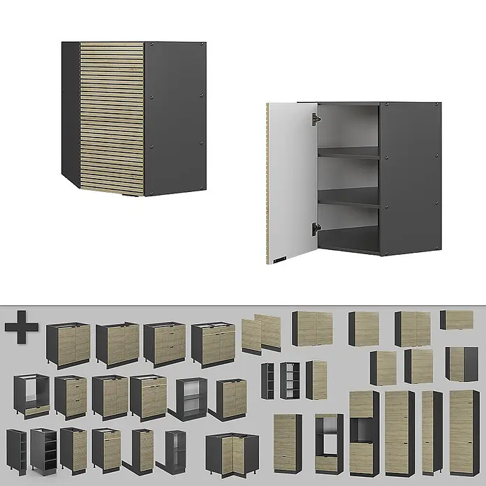 Vicco Schrankküche Fame-Line Eiche Paneel - Eiche Paneel, Eckhängeschrank 57 cm - Modulare dunkelgraue Schränke mit hellen Holzlamellenfronten, in verschiedenen Konfigurationen (Unter-, Wand-, Eckschränke).