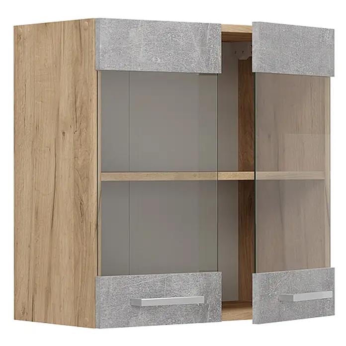 Vicco Schrankküche R-Line Beton - Beton, Hängeglasschrank 60 cm - Hängeschrank mit hellem Holzdekor und zwei Türen aus grauem Beton-Optik und Glas, mit silbernen Griffen, eine Tür leicht geöffnet.