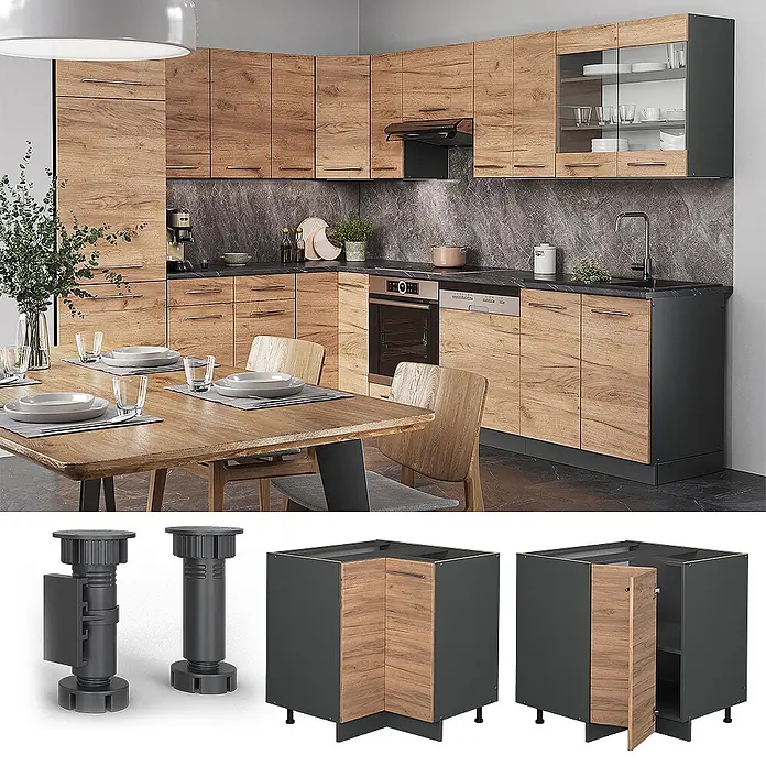 Vicco Schrankküche Fame-Line Goldkraft Eiche ohne Arbeitsplatte - Goldkraft Eiche, Eckunterschrank - Modernes Küchensystem mit Holzoptikfronten und dunkelgrauen Rahmen, inklusive verstellbarer Füße und einem Eckunterschrank.