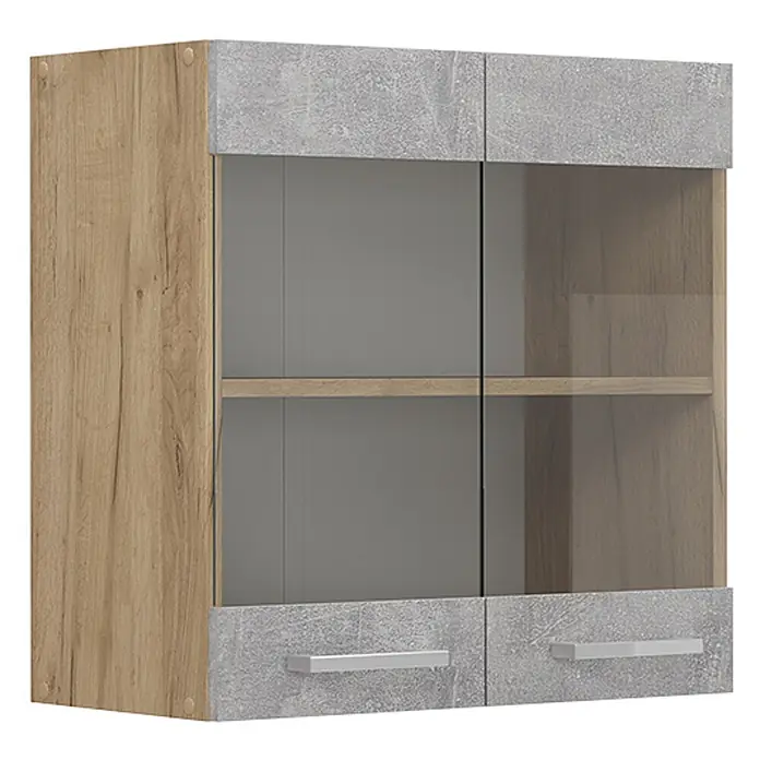 Vicco Schrankküche R-Line Beton - Beton, Hängeglasschrank 60 cm - Zweifarbiger Hängeschrank in Holz- und Betonoptik, mit Glastüren und zwei Schubladen mit Metallgriffen.