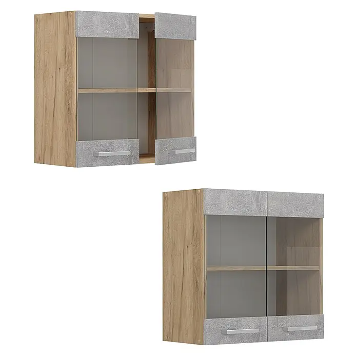 Vicco Schrankküche R-Line Beton - Beton, Hängeglasschrank 60 cm - Wandschrank mit Eichen-Effekt und grauen Beton-Look-Platten, Glastüren und silbernen Griffen zur Aufbewahrung oder Präsentation.
